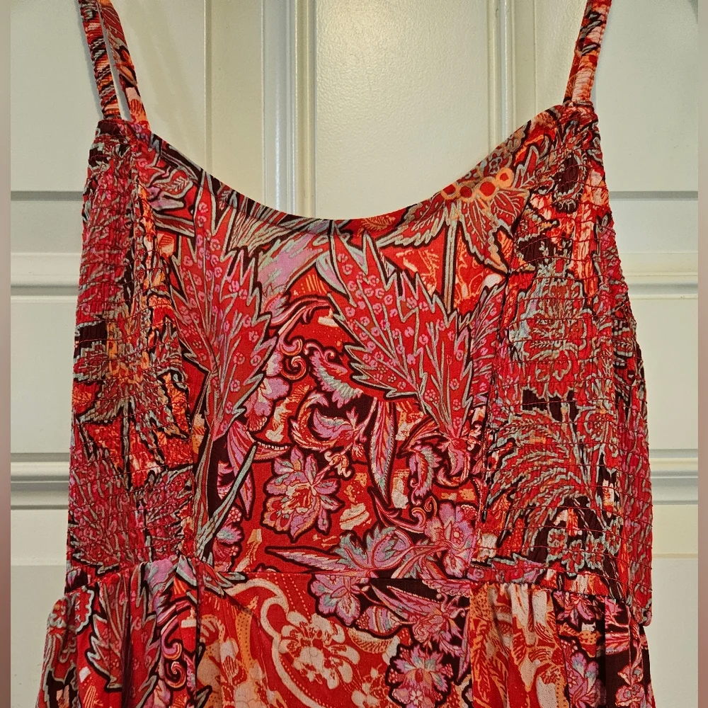 Free People Forever Yours Smocked Slip Dress Maxi Ruffled Slit Floral Red Sm NWT - Picture 6 of 16